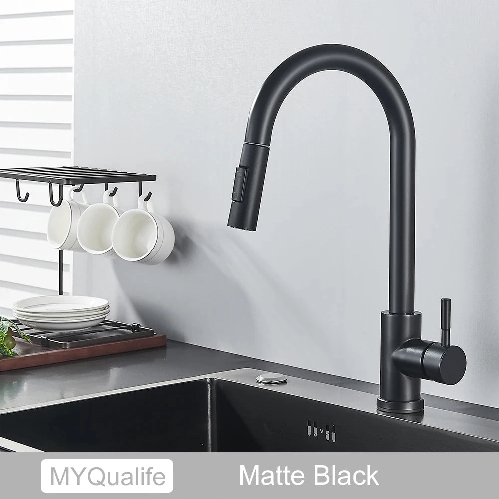 Modern Black Pull Out Kitchen Faucet Single Handle Hot and Cold Mixer Tap
