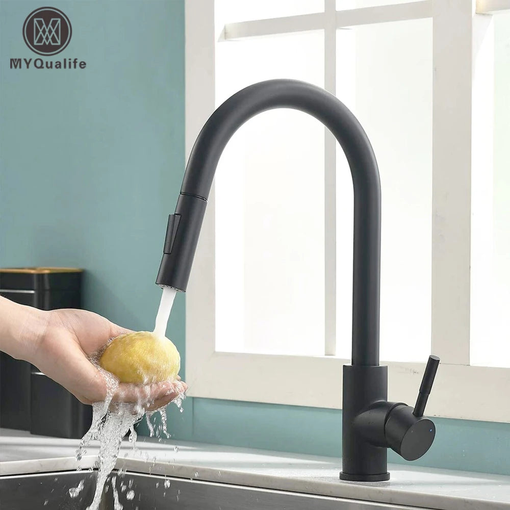 Modern Black Pull Out Kitchen Faucet Single Handle Hot and Cold Mixer Tap